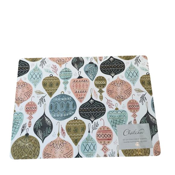 CHATEAU Christmas Ornament Cork Backed Hard Placemats 12x16 Set of 4 Holiday New - Picture 14 of 16